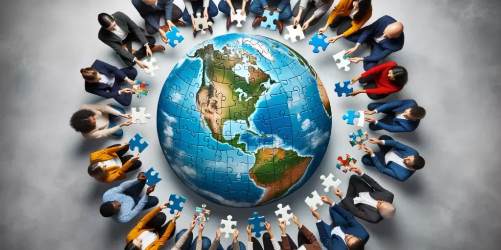Diverse individuals around a globe, holding puzzle pieces representing cultural communication challenges.