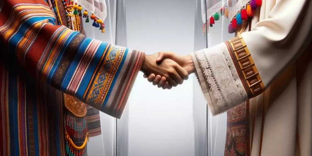 Two individuals from different cultures attempting a handshake but separated by a transparent barrier.