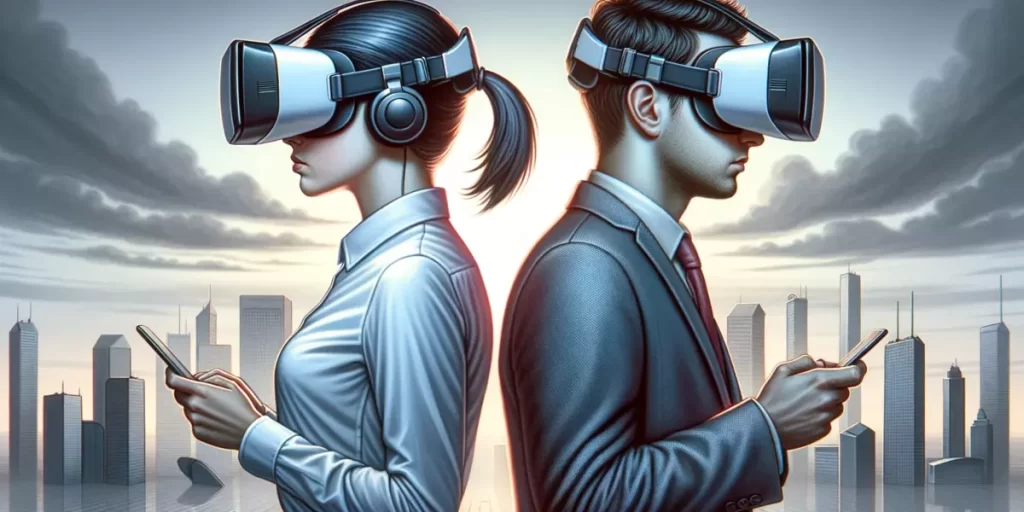 Two people immersed in virtual reality, unaware of each other.