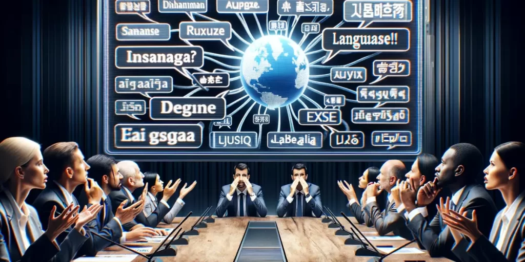 Managers struggling with multiple languages on a digital boardroom screen.