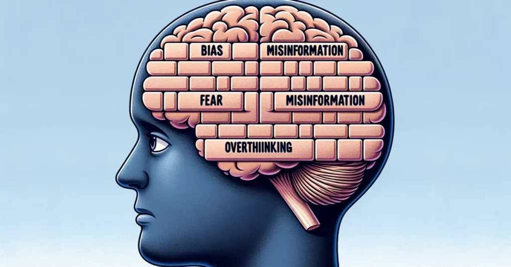 Brain illustration showcasing different cognitive barriers preventing effective communication