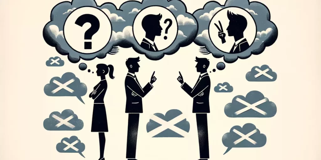 Two individuals facing each other, one with a question mark and the other with a silhouette indicating assumptions.