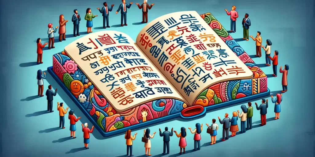 Illustration of two groups separated by a large book with texts in various scripts, representing language barriers in communication.