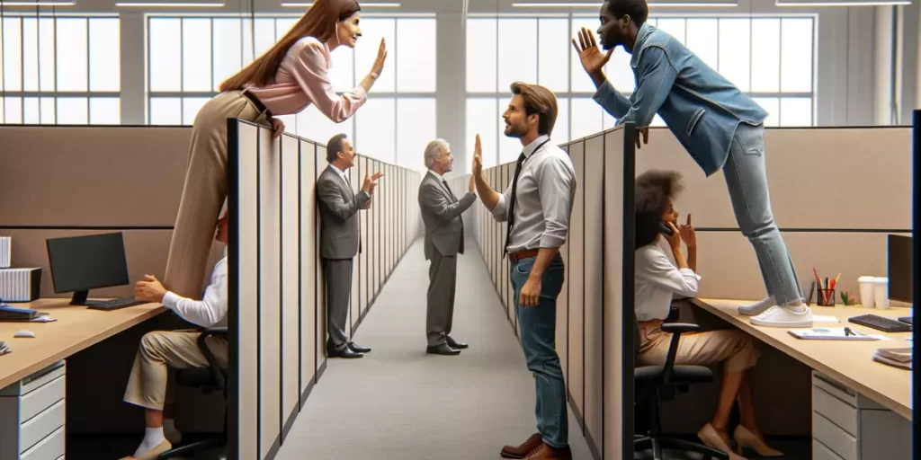  Employees in an open office trying to communicate over tall cubicles.
