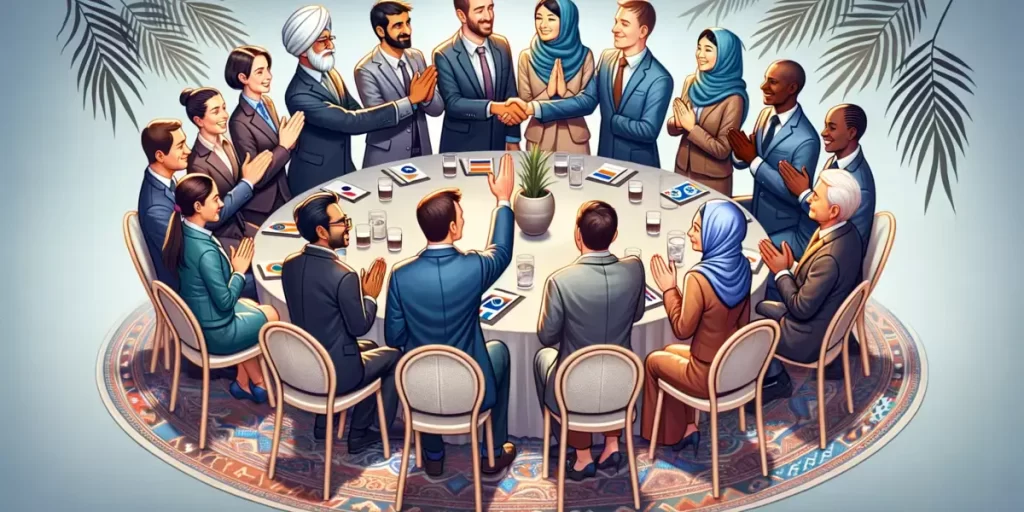 Digital illustration of diverse business professionals around a table, with some engaging in cultural faux pas, highlighting the impact of social norms on communication.