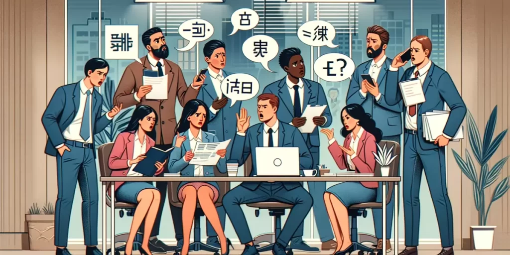 Employees from diverse backgrounds facing communication difficulties in an office due to language barriers.