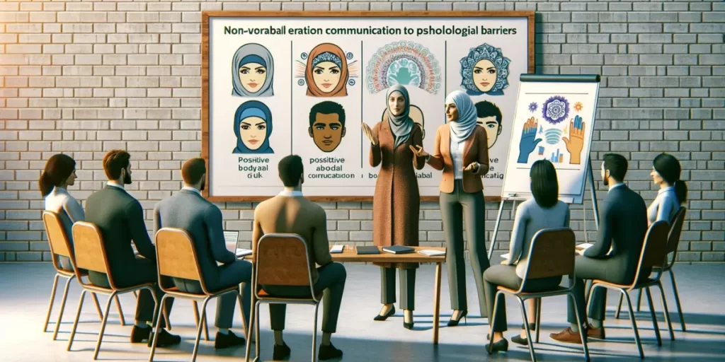  A workshop scene with a Middle-Eastern woman leading a session on non-verbal communication to address psychological barriers