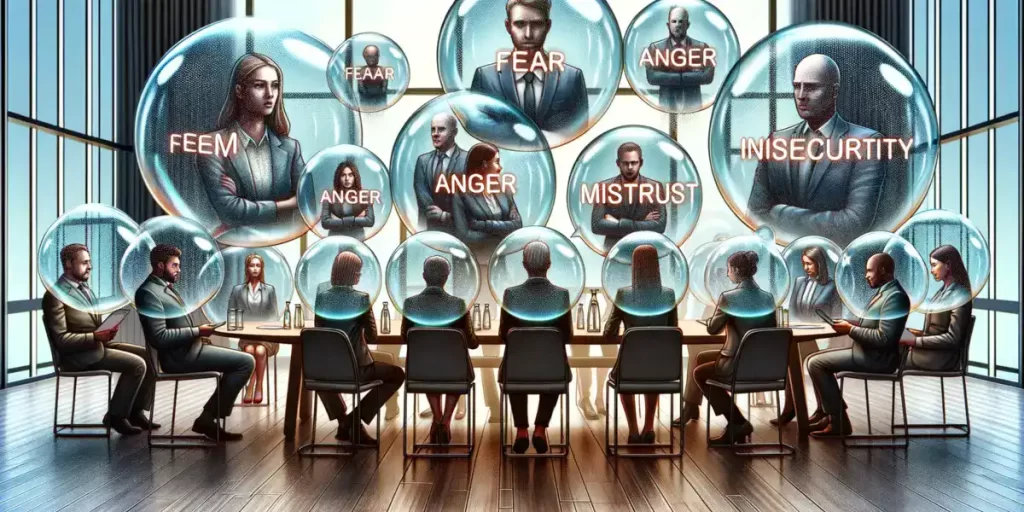 This image shows people in a meeting room, each encased in a bubble with words like fear and mistrust, representing the emotional barriers in communication.