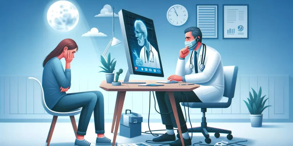 A telehealth consultation showing a doctor on a screen and a patient struggling with the technology in a remote area