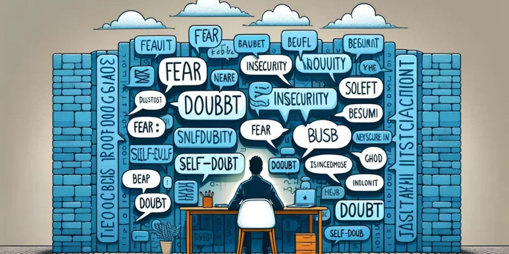 A person sitting at a desk, surrounded by thick walls made of speech bubbles containing negative words like 'fear', 'insecurity', and 'doubt'