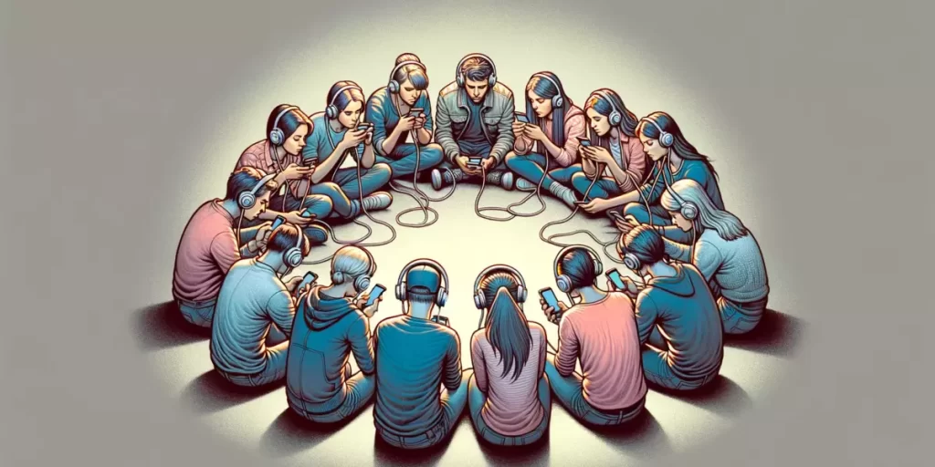 A group of people in a circle, all wearing headphones and focused on their smartphones, illustrating the barrier of technology dependence in 