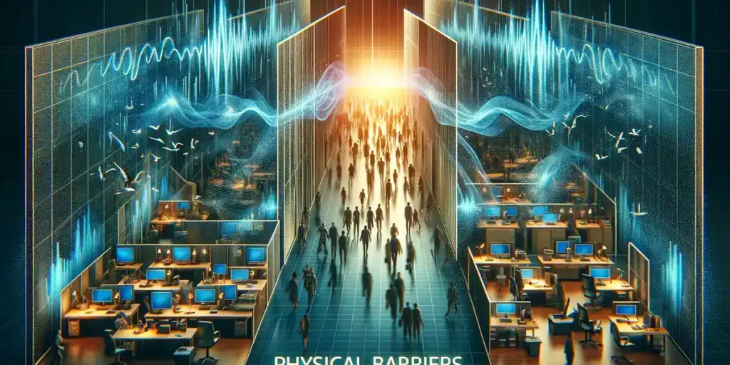 This image depicts a bustling office environment with visible obstacles like noise and physical obstructions, highlighting the challenges of physical barriers in communication.