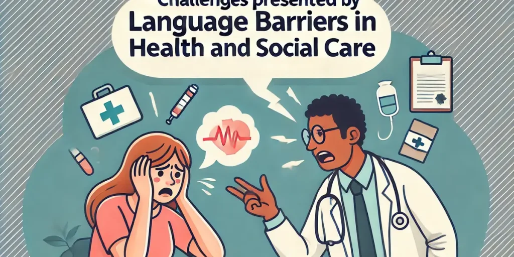 A healthcare setting with a frustrated patient and a doctor struggling to communicate, with a speech bubble showing confusion.

