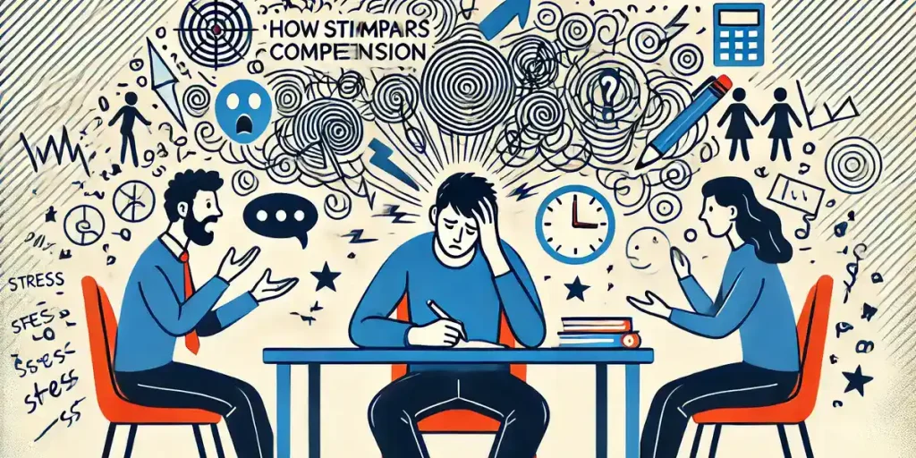 An illustration showing a person trying to listen while surrounded by swirling emotions represented by colorful waves and chaotic symbols. The person looks stressed and distracted.