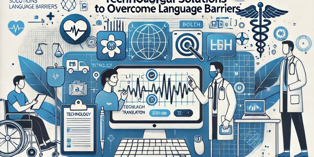 A healthcare setting with a doctor using a digital translation tool to communicate with a patient, with icons representing technology and communication.