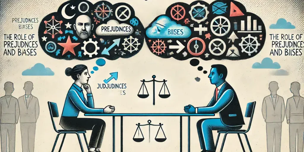 An illustration depicting two people engaged in a conversation with one person's mind clouded by prejudices and biases, visually represented by thought bubbles containing symbols of judgment and preconceived notions.