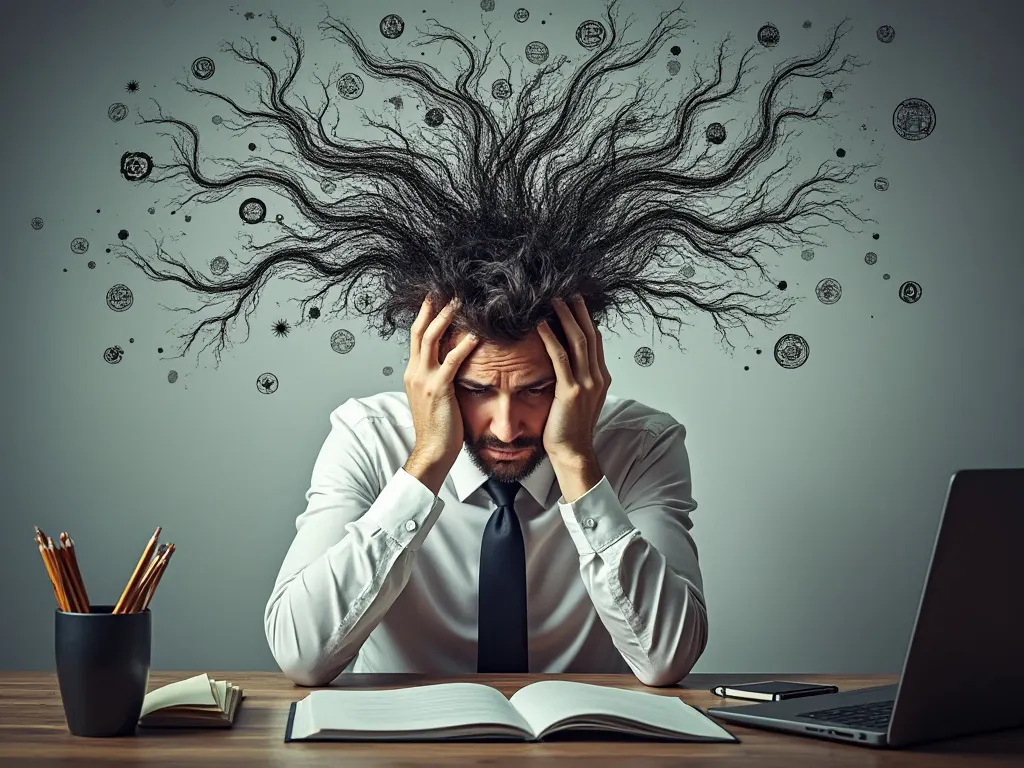A person sitting at a desk with a stressed expression, surrounded by chaotic symbols representing anxiety and stress, while trying to listen to another person speaking.