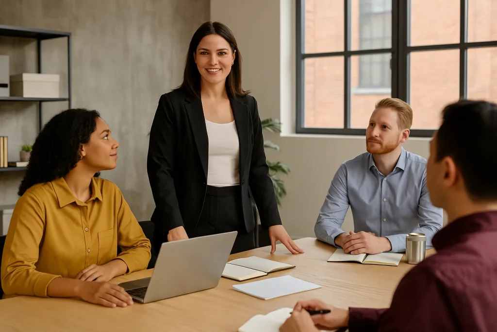 A female project manager confidently leading a diverse team after undergoing communication training.