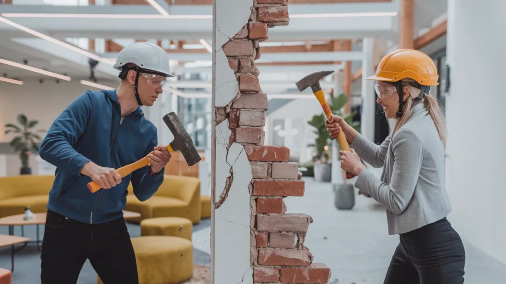 Two individuals breaking down a wall together, transitioning from confusion to a bright, collaborative space symbolizing clear communication."