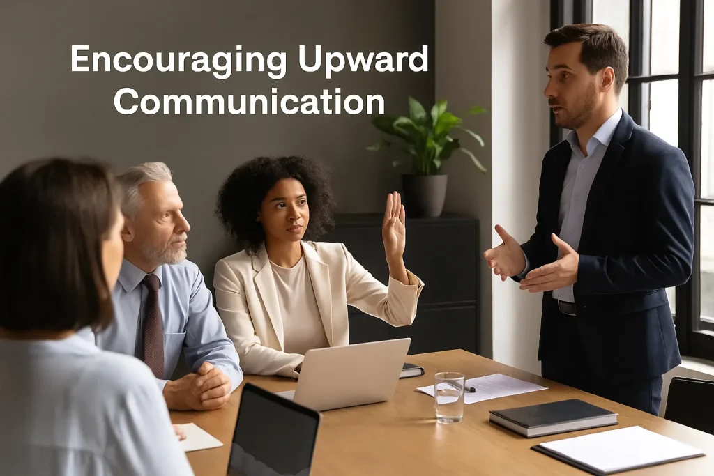  A professional meeting scene where a woman raises her hand while engaging with a male speaker, representing an open, upward communication environment in the workplace.