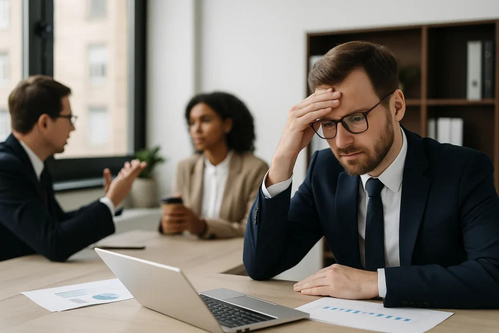 A concerned professional sits at a desk with a laptop and documents while two colleagues talk in the background, illustrating how selective communication can lead to misunderstandings and stress in the workplace.