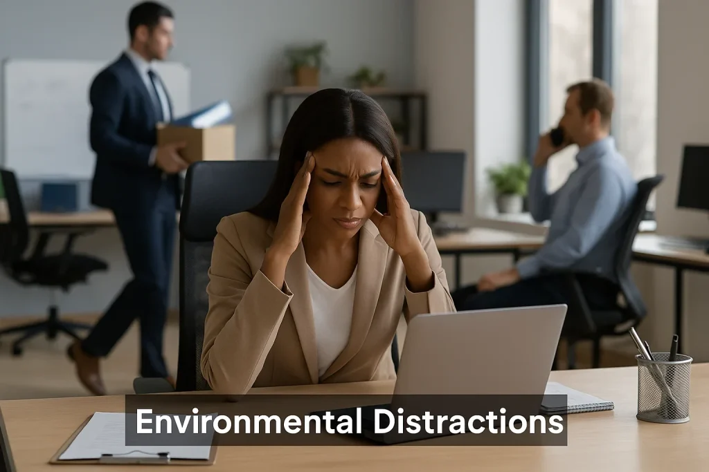 A woman concentrates while wearing headphones in a shared office space with nearby coworkers talking, demonstrating a method to overcome physical listening barriers.