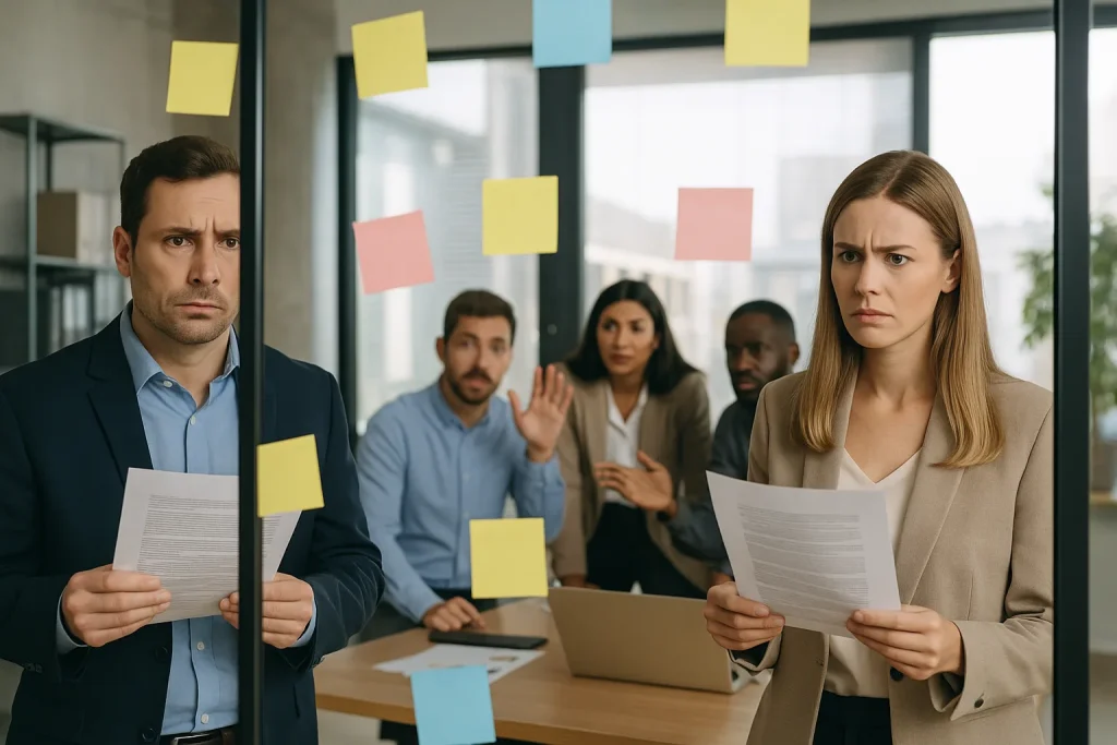 Managers separated by a glass wall of sticky notes, symbolizing information flow barriers within an organization.