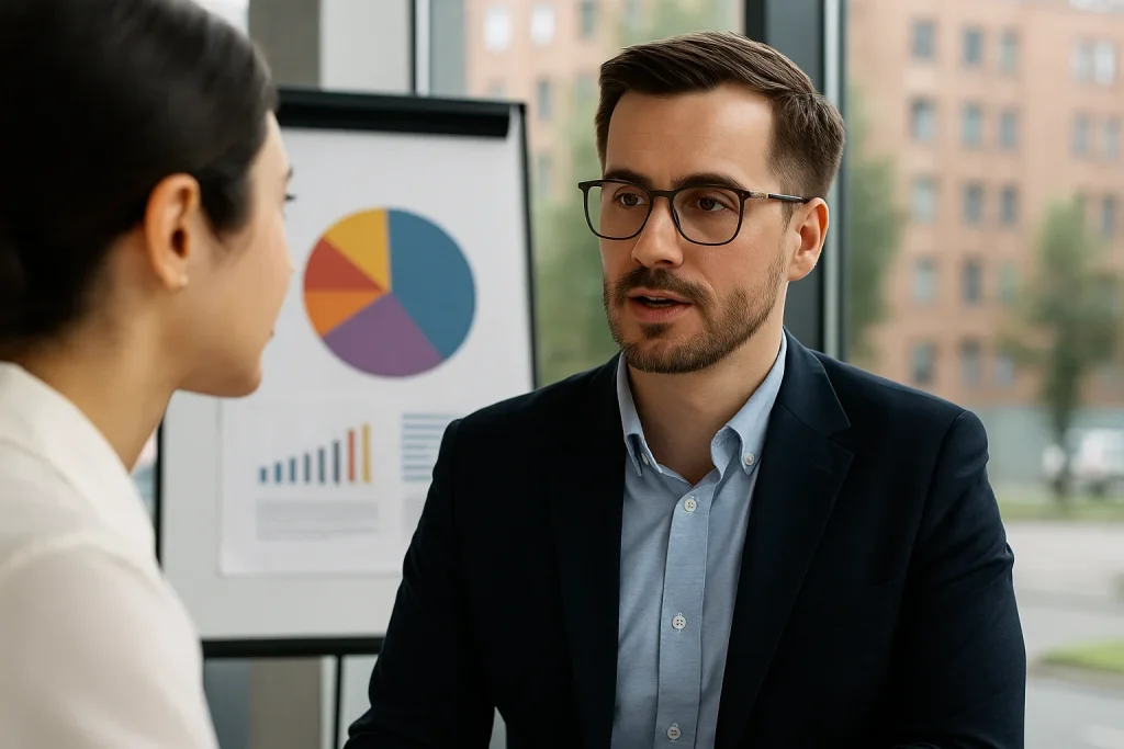 A professional man speaking to a colleague in a modern office setting with a pie chart in the background, symbolizing how emotional reactions and context can influence what people choose to say or leave out in workplace communication.