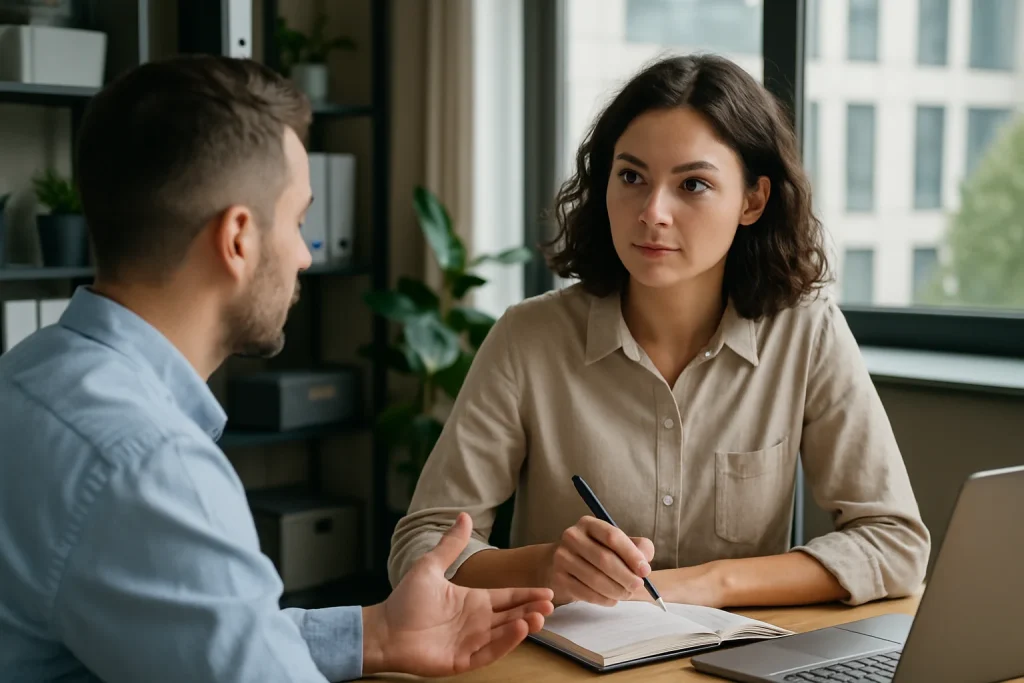 A realistic office scene shows two professionals, a woman attentively listening and taking notes while making eye contact, and a man speaking with expressive hand gestures.

