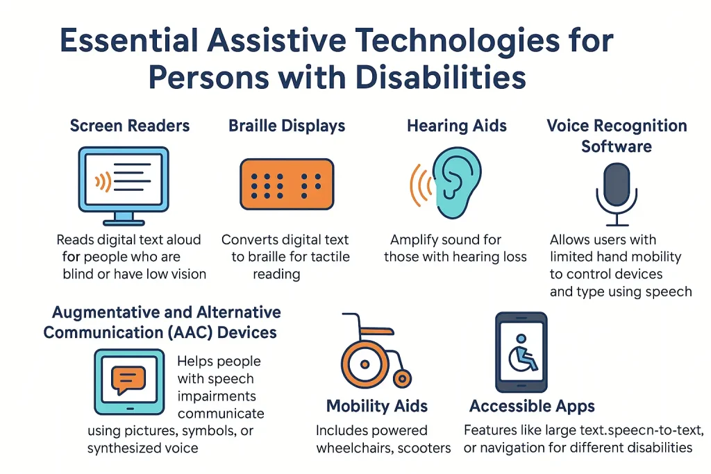 Infographic displaying seven essential assistive technologies for persons with disabilities