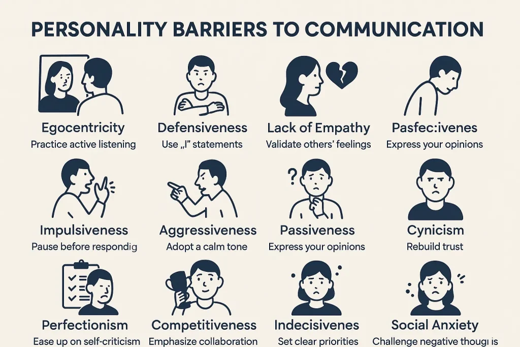 Info graphic showing ten common personality barriers to communication, each represented by a simple icon and a brief solution tip.